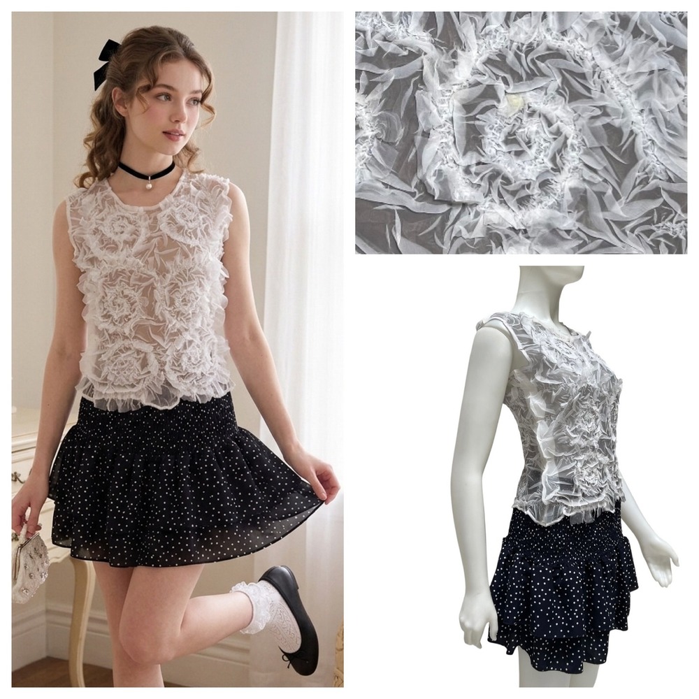 Vintage Y2K Hugging Kisses Shibori Crinkle Sheer Mesh Top Swirl Rosette Size 2